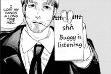 a man in a suit and tie is holding a piece of paper that says shh buggy is listening