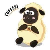 a cartoon sheep is holding a cup of coffee and the word coffee is above him