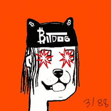 a drawing of a dog wearing a bandana that says bitdog on it