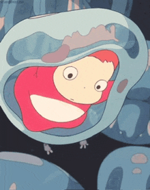 a cartoon character with red hair is floating in a bubble of water