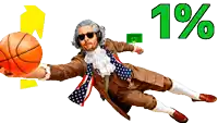 a man in a historical costume is holding a basketball and a sign that says 1%