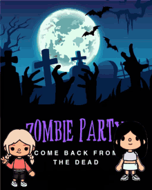 a poster for a zombie party with cartoon characters