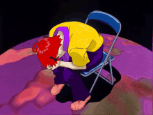 a person with red hair is sitting in a chair