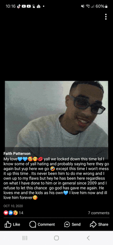 a screenshot of a facebook post by faith patterson shows a man wearing sunglasses