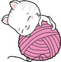 a cartoon cat is laying on a ball of pink yarn