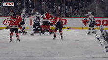 a hockey game is being played in front of a coca cola ad