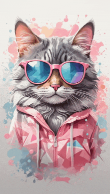 a cat wearing pink sunglasses and a pink hoodie