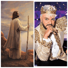 a painting of jesus holding a stick next to a picture of a man wearing a crown