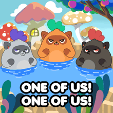 a cartoon illustration of three animals in a pond with the words one of us one of us