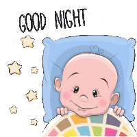 a cartoon baby laying on a pillow with the words good night written above him