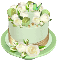 a green cake with white roses and a green butterfly