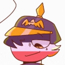 a cartoon character wearing a purple hat with a yellow feather on top .