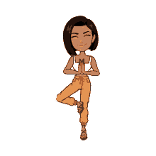 a cartoon of a woman in a yoga pose with her hands together .