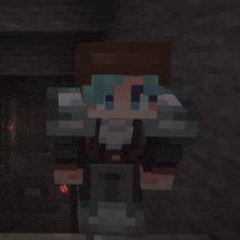 a minecraft character with blue hair is standing in a dark cave