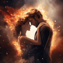 a man and woman are hugging with fire coming out of their hair