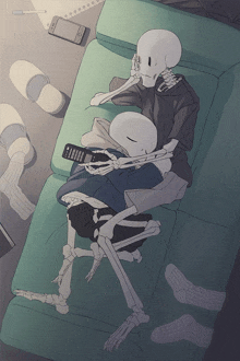 a drawing of two skeletons laying on a couch with one holding a remote control