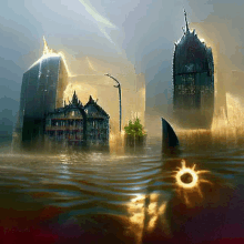 a painting of a city in the water with a shark