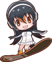 a penguin girl is riding a snowboard in a cartoon .