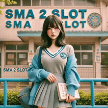 a girl stands in front of a sma 2 slot building