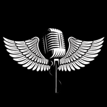 a black and white drawing of a microphone with angel wings on a black background .