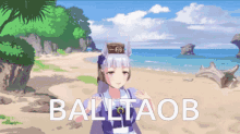 a cartoon of a girl on a beach with the word balltaob on the bottom