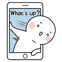 a cartoon character is standing next to a cell phone with the words `` what 's up '' written on it .