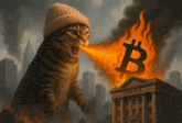 a cat wearing a beanie is standing in front of a burning bank building