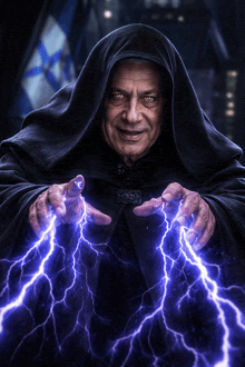 a man in a hooded robe is holding a lightning bolt in his hands