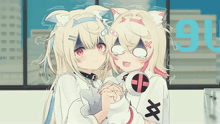 two anime girls are standing next to each other in front of a window with the number 90 on it