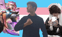 a man in a black shirt stands in front of a transgender flag