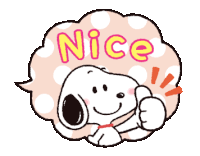 snoopy is giving a thumbs up in a speech bubble that says " nice "