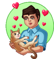 a cartoon of a man holding a cat with hearts behind him