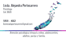 a business card for licda alejandra portocarrero shows a feather and birds