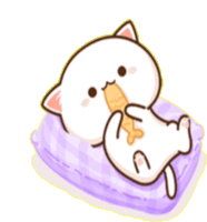 a cartoon cat is laying on a purple pillow and eating a waffle