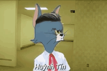 a cartoon cat wearing a white shirt and red tie is standing in a room .