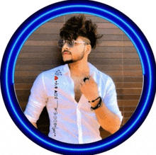 a man wearing sunglasses and a white shirt has a blue circle around him