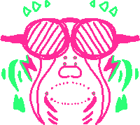 a pink and green drawing of a person wearing sunglasses and lightning bolts