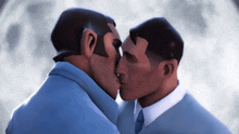 a couple of men are kissing in front of a full moon