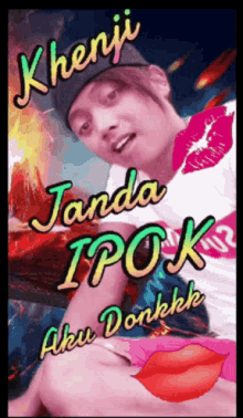 a man wearing a hat and a white shirt says khenji jada ipok aku donkkh