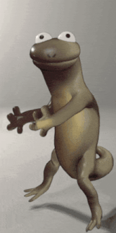 a cartoon lizard is holding a stick in its hands