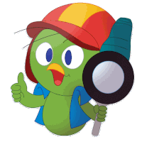 a green cartoon character with a magnifying glass and giving a thumbs up