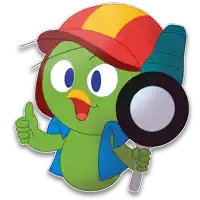 a green cartoon character with a magnifying glass and giving a thumbs up