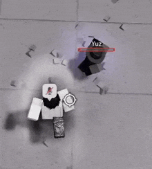 a roblox character with a beard and a sword is standing on a tiled floor .