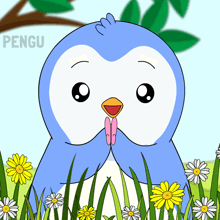 a blue penguin is standing in a field of daisies with the name pengu on the bottom right