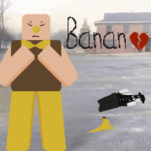 a pixel art of a man standing next to a banana peel