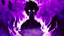 a silhouette of a person surrounded by purple flames and a purple background .