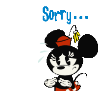 a cartoon of minnie mouse saying " sorry " with a flower on her head