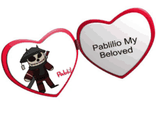 a heart shaped mirror with a picture of a samurai and the words " pablilio my beloved "