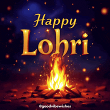a poster for happy lohri with a campfire in the foreground