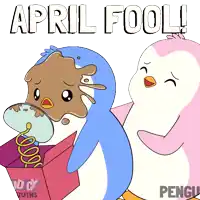a cartoon of two penguins with april fools written on the bottom